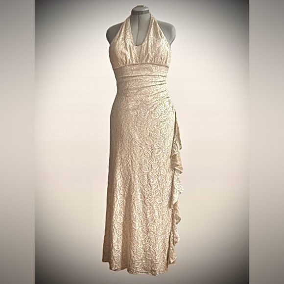 Betsy & Adam By Linda Bernell, lace halter gown fits like a sz 8/10 (says sz 12) - Picture 1 of 5